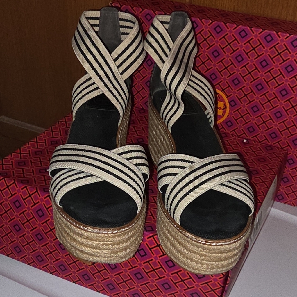 Tory Burch Striped Black and White Espadrilles